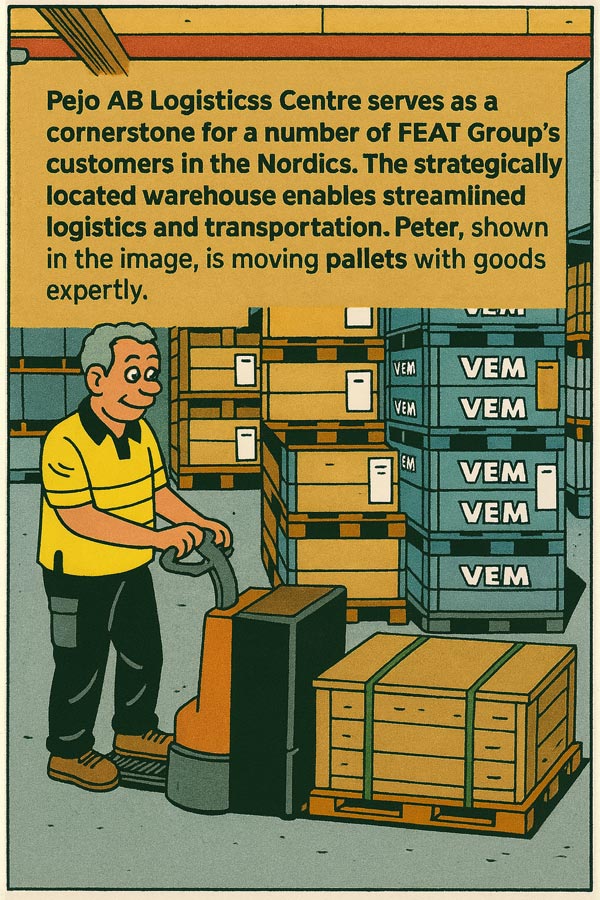 Illustration with text and a guy moving pallets with goodsexpertly
