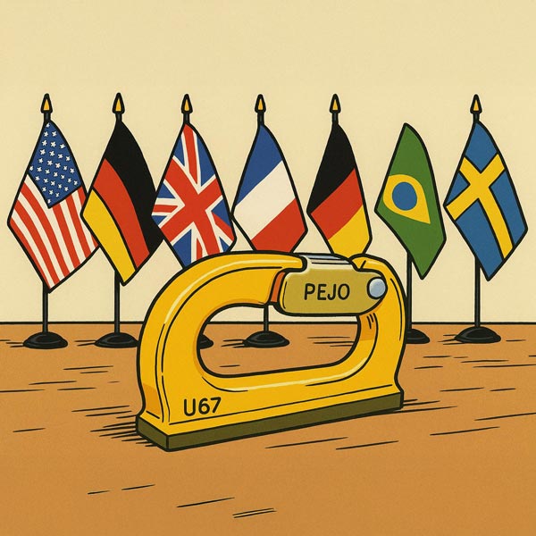 Illustration of a pejo hook with multiple different countryflags in the background