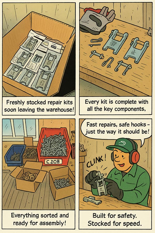 Illustration with text and a guy assembling Pejo repair kits